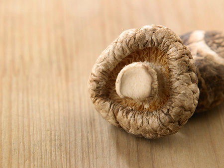 dry mushroom on top of wooden tableの写真素材