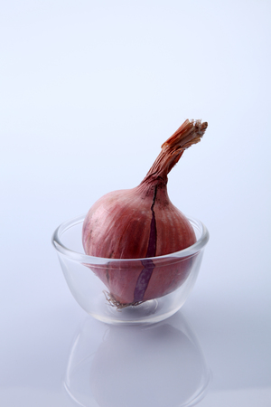 whole onion in a transparent glass bowlの写真素材