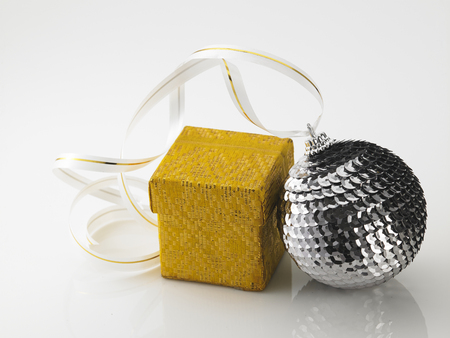 christmas ornament ,silver christmas ball and present boxの写真素材