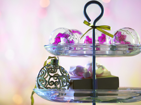 christmas ornament on the layers serving trayの写真素材