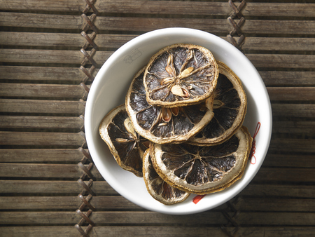 top view of dried lemon slicesの写真素材