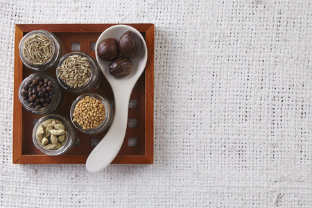 arrangement of spices on the white sackclothの写真素材