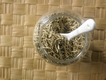 top view of the rosemary in a glass containerの写真素材