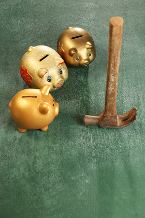 piggy bank and old hammerの写真素材