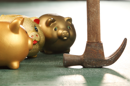 piggy bank and old hammerの写真素材
