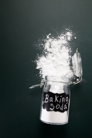 top view of baking soda on the blackboardの写真素材