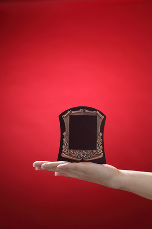 man holding a bronze plate awardの写真素材