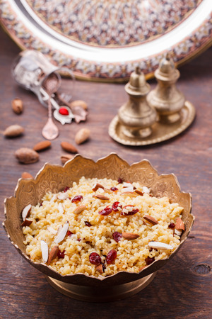 Bulgur with dried cherries and almonds.selective focusの写真素材