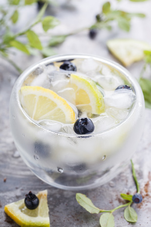 Detox water cocktail, blueberry, lime, lemon and ice. selective focusの写真素材