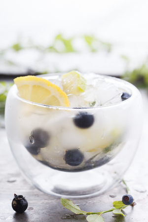 Detox water cocktail, blueberry, lime, lemon and ice. selective focusの写真素材