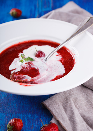 Strawberry soup with ice cream.の写真素材