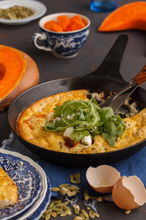 Frittata with pumpkin in a pan.selective focusの写真素材