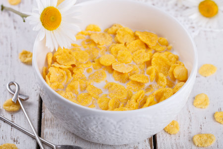 Corn flakes with milk. Healthy Breakfast.selective focus