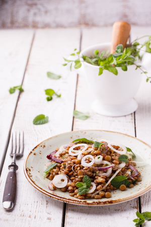 Lentils with onion and mint dressing. selective focusの写真素材