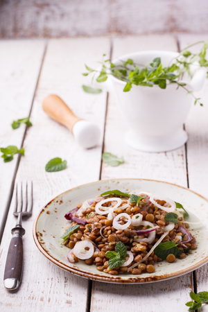 Lentils with onion and mint dressing. selective focusの写真素材