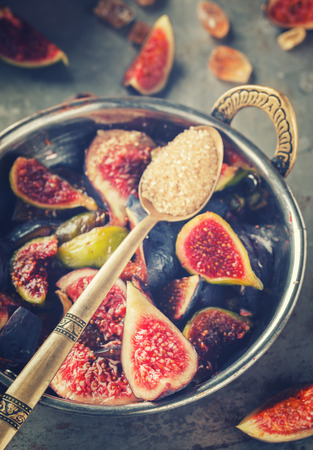 Fig jam.The ingredients for cooking.Toned image. Vintage style.selective focus.の写真素材