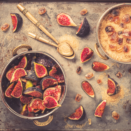 Fig jam.The ingredients for cooking.Toned image. Vintage style.selective focus.の写真素材