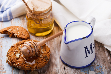 Oatmeal cookies with honey and milk.selective focusの写真素材