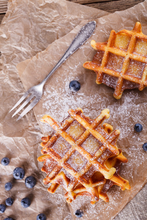 Belgian waffles with blueberries sprinkled with powdered sugar, closeup. selective focusの写真素材