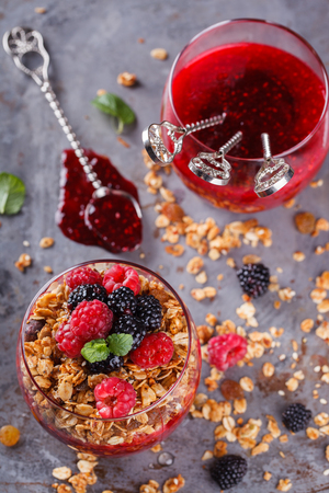 Granola, fresh berries,berry puree and honey.Healthy Breakfast.selective focusの写真素材