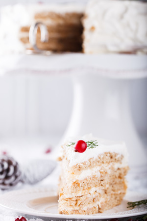 Cake with white cream,garnished with sprigs of spruce ,pine cones,cranberries.の写真素材