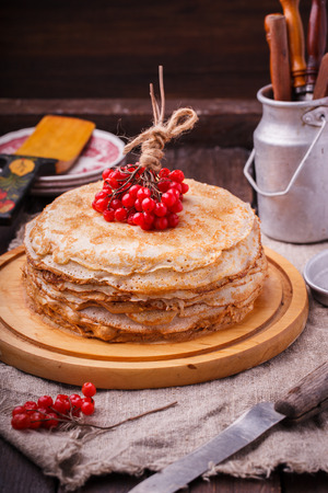 Layered cake made of pancakes.Shrovetide,a traditional Russian holiday.selective focus.の写真素材