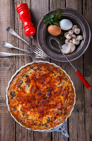 Pie quiche with mushrooms.selective focus.の写真素材