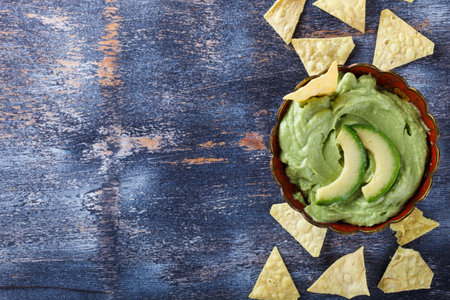 Guacamole traditional Mexican sauce.Copy space.selective focus.