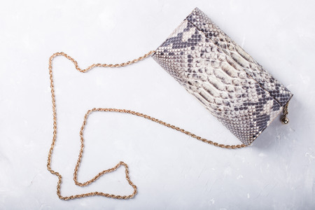 Women's bag clutch bag of leather of reptiles.Still life of fashion woman.Women's set of fashion accessories .Copy space.selective focus.の写真素材