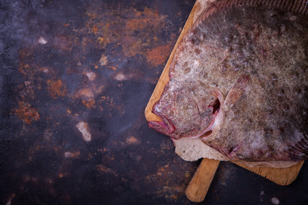 Flounder raw fish on a dark background.Copy space. selective focus.の写真素材