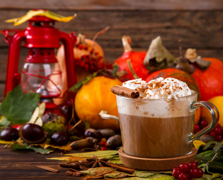 Pumpkin Smoothies, Spicy Drink is a cinnamon Latte, whipped cream. Autumn still life. selective focus.の写真素材