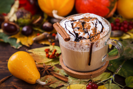 Pumpkin Smoothies, Spicy Drink is a cinnamon Latte, whipped cream. Autumn still life. selective focus.の写真素材