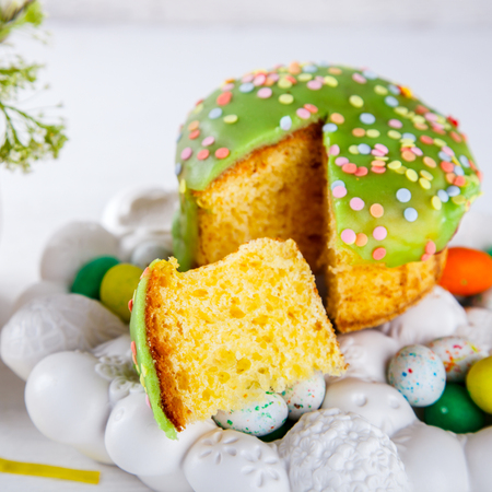 Easter cake and colorful eggs for the Traditional Holiday table.selective focus.の写真素材