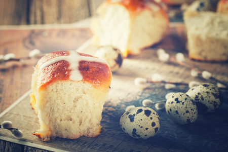 Easter Hot Cross Buns on wooden background.Toned image.Vintage style.selective focus.の写真素材
