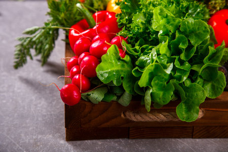 Background of vegetables.Different Fresh Farm Vegetables. Harvest. Food or Healthy diet concept.Vegetarian.Copy space for Text.selective focus.の写真素材