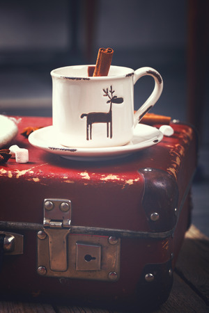 Hot Chocolate with Marshmellow candies. Warming holiday drink with cinnamon sticks . Warm Christmas.Winter Still Life in the Cup.Toned image Vintage styleの写真素材