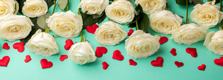 White Natural Roses Heart Shape on the Colorful Holiday Background Valentine's Day Banner の写真素材