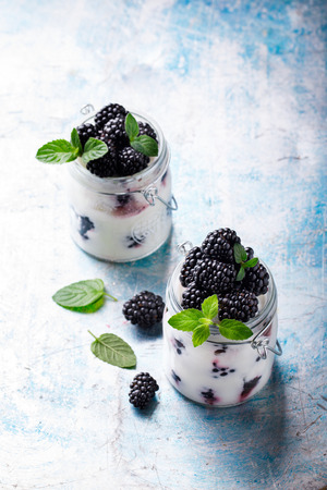 Blackberry with Greek Yogurt and Mint. Fresh Berry.  Useful Breakfast in a Jar. Smoothie Light Meal Natural Food.の写真素材
