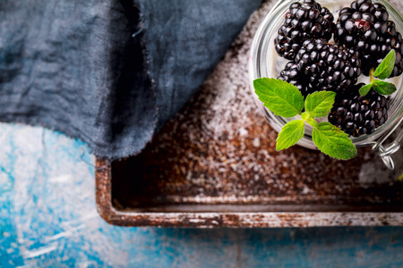 Blackberry with Greek Yogurt and Mint. Fresh Berry.  Useful Breakfast in a Jar. Smoothie Light Meal Natural Food.の写真素材