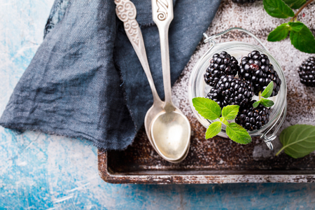 Blackberry with Greek Yogurt and Mint. Fresh Berry.  Useful Breakfast in a Jar. Smoothie Light Meal Natural Food.の写真素材