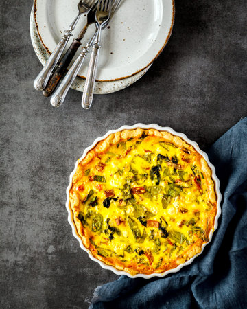Traditional French Quiche Lorraine. vegetable tart. open pie.