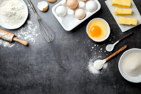 Baking background. Food accessories. Ingredients variety  for cooking dough. Top View. Flat Lay.Copy space for Text.の写真素材