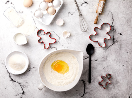 Christmas Baking background. Food accessories. Ingredients variety  for cooking holiday cake.Traditional concept for cooking. Top View. Flat Lay.の写真素材