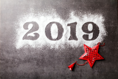 Christmas and New Year  holidays composition Background Wooden Figures 2019 Symbol Celebration card Top View Copy space for Textの写真素材