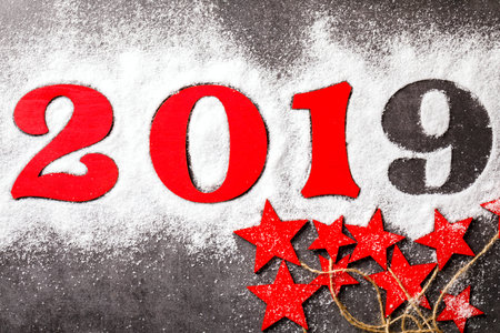 Christmas and New Year  holidays composition Background Wooden Figures 2019 Symbol Celebration card...