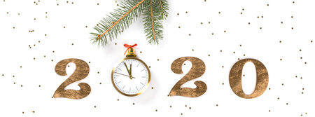 Happy New Year 2020 . Festive Shining  composition on isolated background with gold clock and...