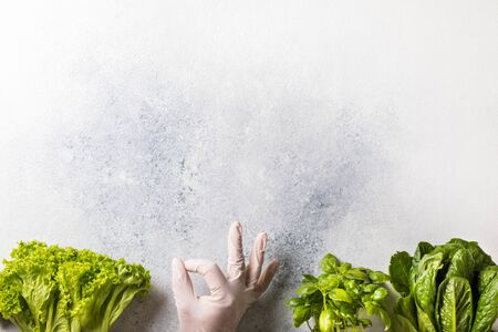 Concept of safe shopping against Coronavirus 2019-nCov  in a pandemic. Background Spicy herbs vitamins to enhance immunity. Personal protective equipment protection the spread disease.の写真素材