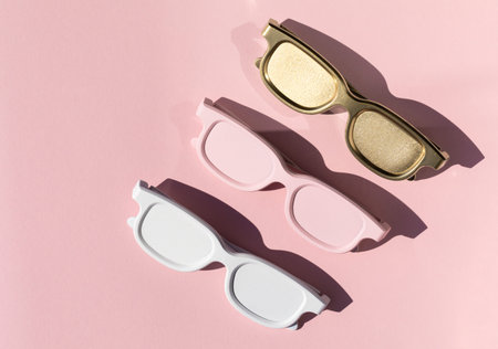 Colored sunglasses from the sun on a pink background. Creative concept. Summer time vacation. Flat...