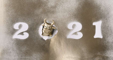 Greeting card Happy New Year metal bull. Christmas traditional holiday.Banner Panoramaの写真素材