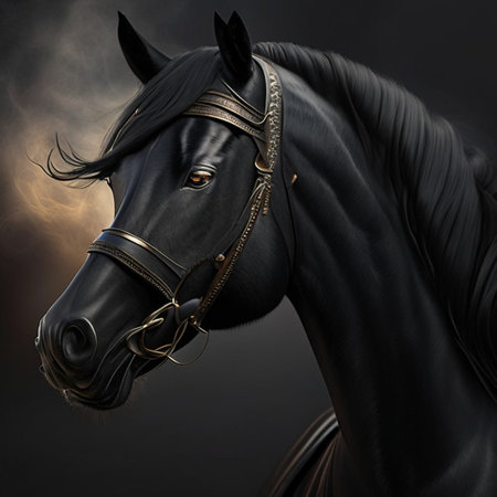 Black horse portrait on a dark background. 3D illustration. studio shot.の素材